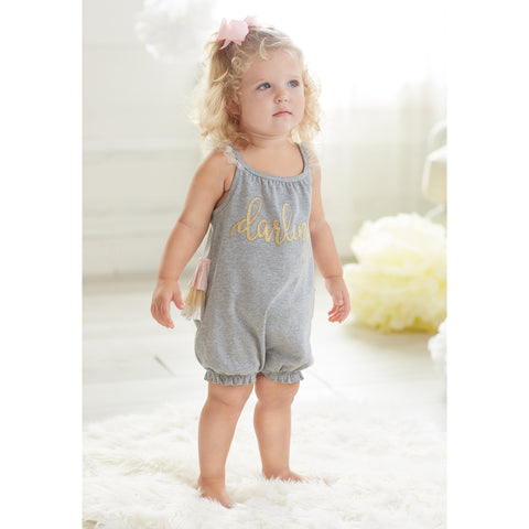 Image of Mud Pie Baby Girl Darling Gray Ruffle Bubble Romper