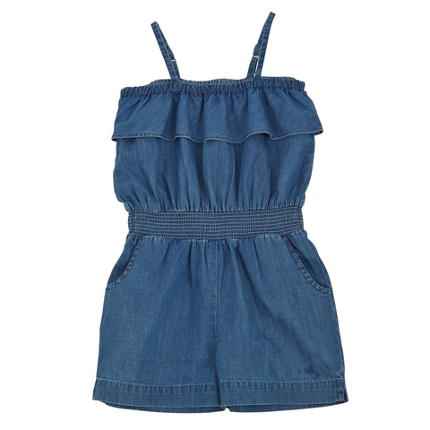 Image of Mud Pie Little Girl Blue Denim Ruffle Romper