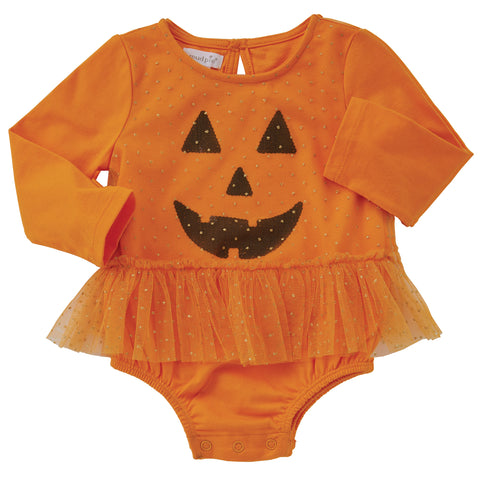 Image of Mud Pie Baby Girls Halloween Mesh Tutu Pumpkin Crawler