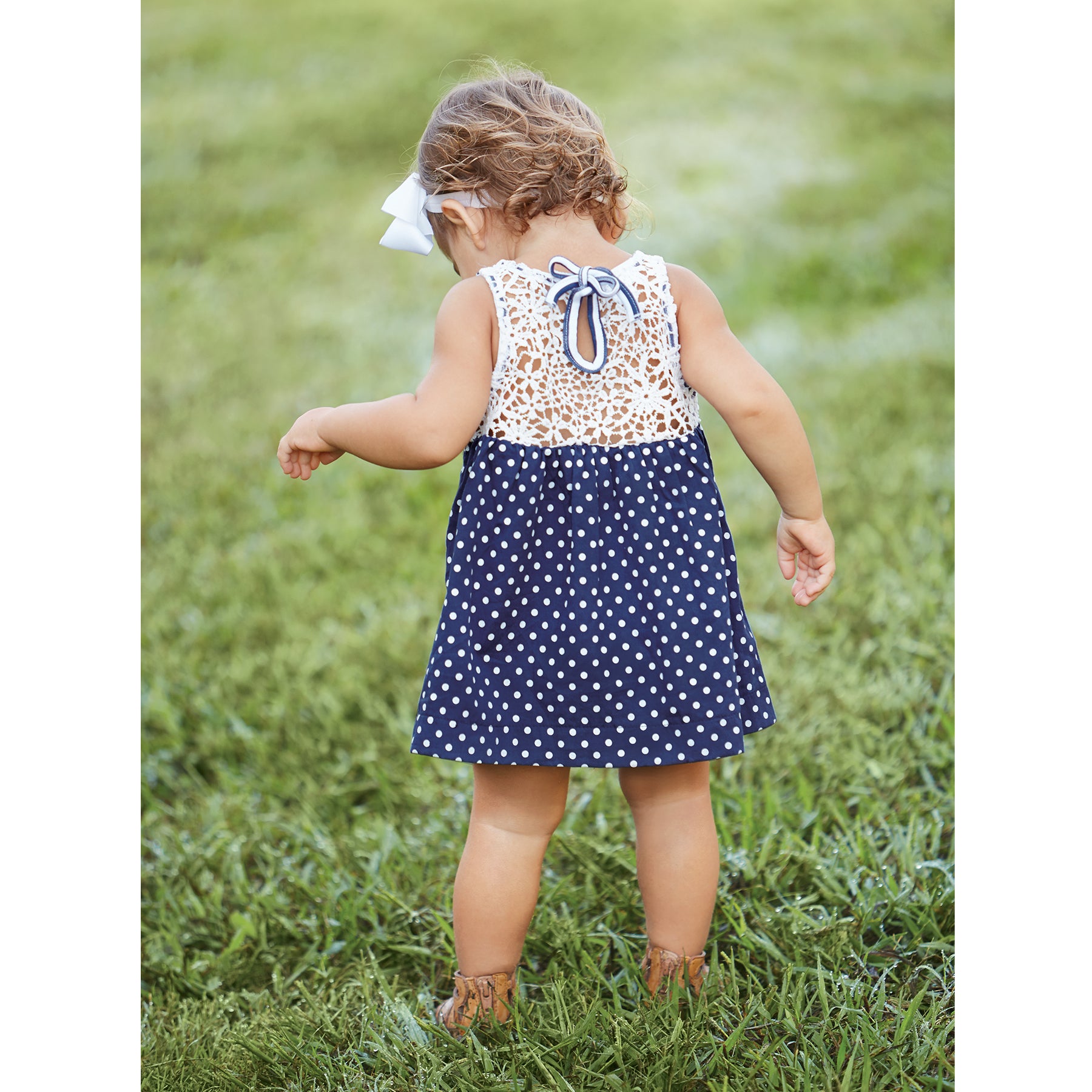 Mud Pie Baby Girl Daisy Navy Striped Polka Dot Dress