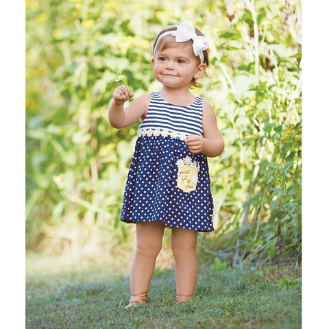 Image of Mud Pie Baby Girl Daisy Navy Striped Polka Dot Dress