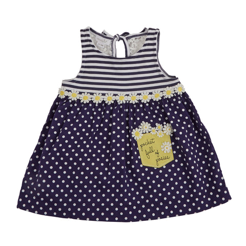 Image of Mud Pie Baby Girl Daisy Navy Striped Polka Dot Dress