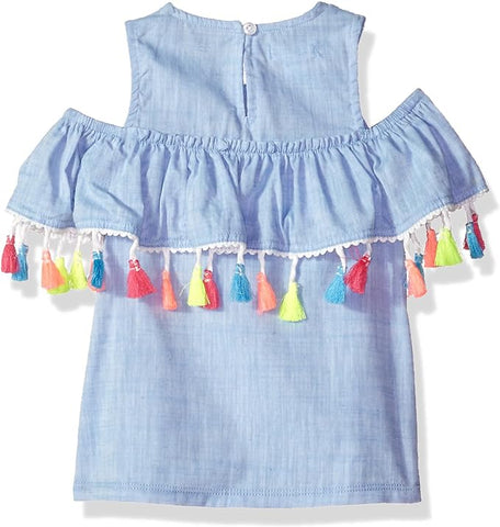 Image of Mud Pie Baby Girls Chambray Cold Shoulder Tassel Top