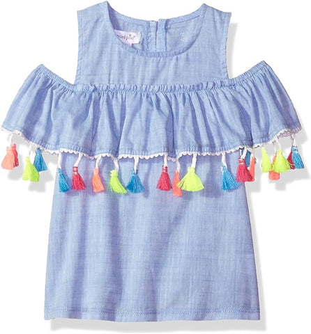 Image of Mud Pie Baby Girls Chambray Cold Shoulder Tassel Top