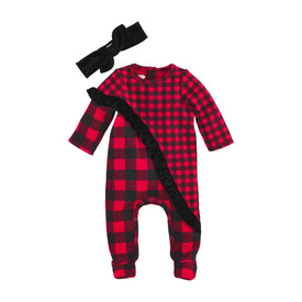 Mud Pie Baby Girls' Christmas Holiday Buffalo Check One Piece Sleeper & Headband Set