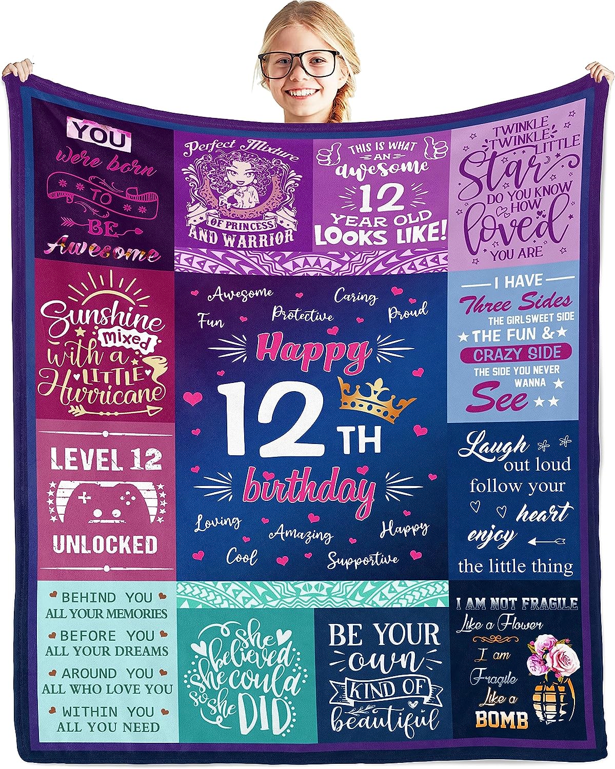 Personalized Happy 12th Birthday Blanket, Custom Birthday Blanket, 12th Birthday Blanket, Blanket for Girl Daughter, Birthday Gift