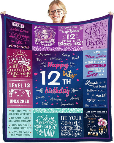 USA Printed Custom Blanket -Happy 12th Birthday Blanket, Birthday Gift, Personalized Blanket