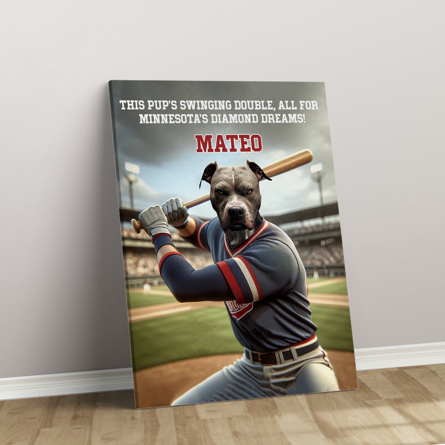 Personalized Baseball Pet Portrait, Minnesota Baseball Dog Cat Portrait, Custom Pet Canvas Poster, Baseball Lovers’ Gift, Digital Download