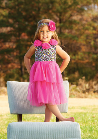 Image of Mud Pie Little Girl Pink Leopard Rosette Dress One Piece Set