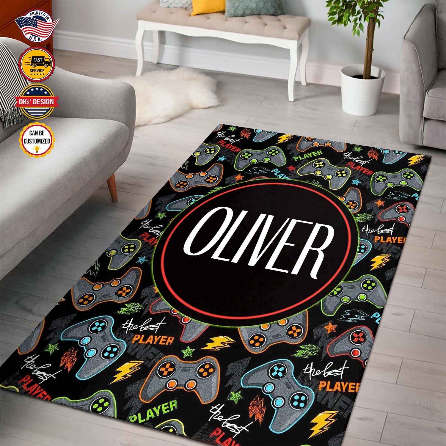 Personalized Game Rug, Black Game Pattern Area Rug, Game Area Rug for Gamer, Gaming Rugs Gift for Son for Boy, Room Rugs