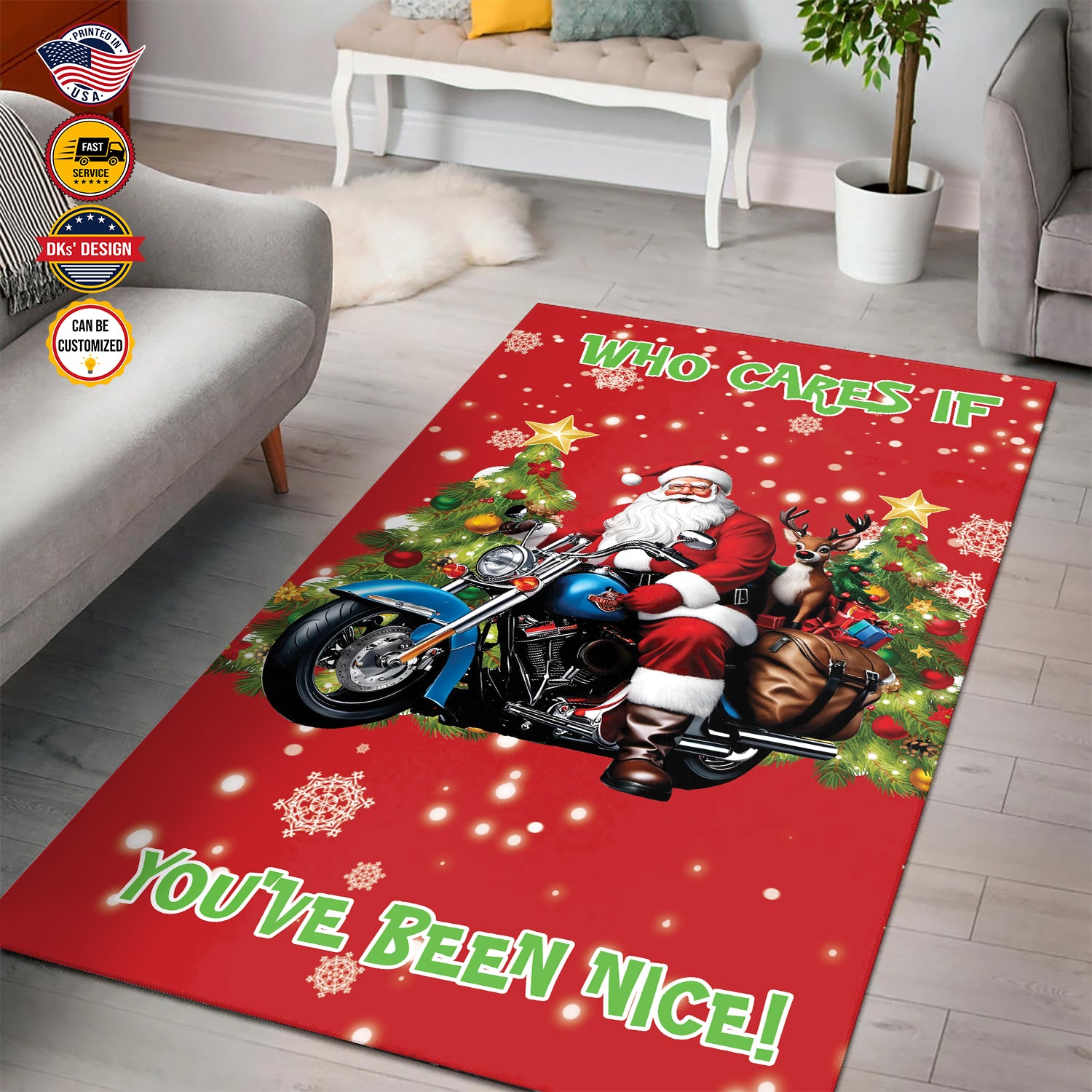 Personalized Christmas Rug, Santa Rides A Motorcycle Who Cares If You've Been Nice, Christmas Area Rug, Rugs for Holidays, Christmas Gifts