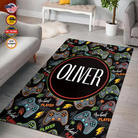 Personalized Game Rug, Black Game Pattern Area Rug, Game Area Rug for Gamer, Gaming Rugs Gift for Son for Boy, Room Rugs