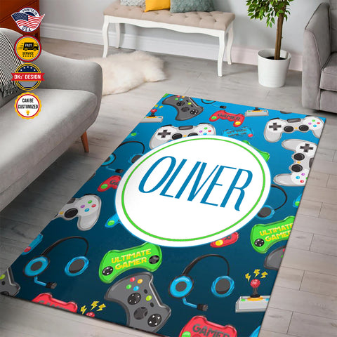 Image of Personalized Game Rug, Blue Game Pattern Area Rug, Game Area Rug for Gamer, Gaming Rugs Gift for Son for Boy, Room Rugs