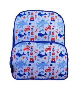 Little Planets Little Boys Girls All Over Print 16'' Kid School Nautical Backpack, Shark, Crab, Octopus, Light House