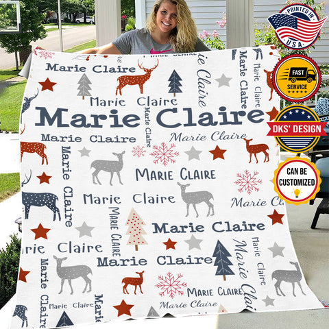 Image of USA Printed Custom Blanket, Christmas Reindeer Blanket, Personalized Blanket, Reindeer Blanket, Christmas Pattern Blanket, Blanket for Girl, Sherpa Blanket, Fleece Blanket