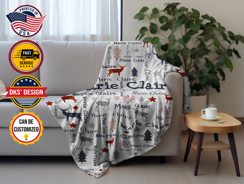 Image of USA Printed Custom Blanket, Christmas Reindeer Blanket, Personalized Blanket, Reindeer Blanket, Christmas Pattern Blanket, Blanket for Girl, Sherpa Blanket, Fleece Blanket