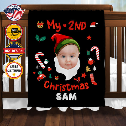 Image of USA Printed Custom Blanket, 2ND Elf Christmas Blanket, Personalized Blanket, Christmas Baby Blanket, Baby Second Christmas Blanket, Toddler Xmas Gift Sherpa Blanket, Fleece Blanket
