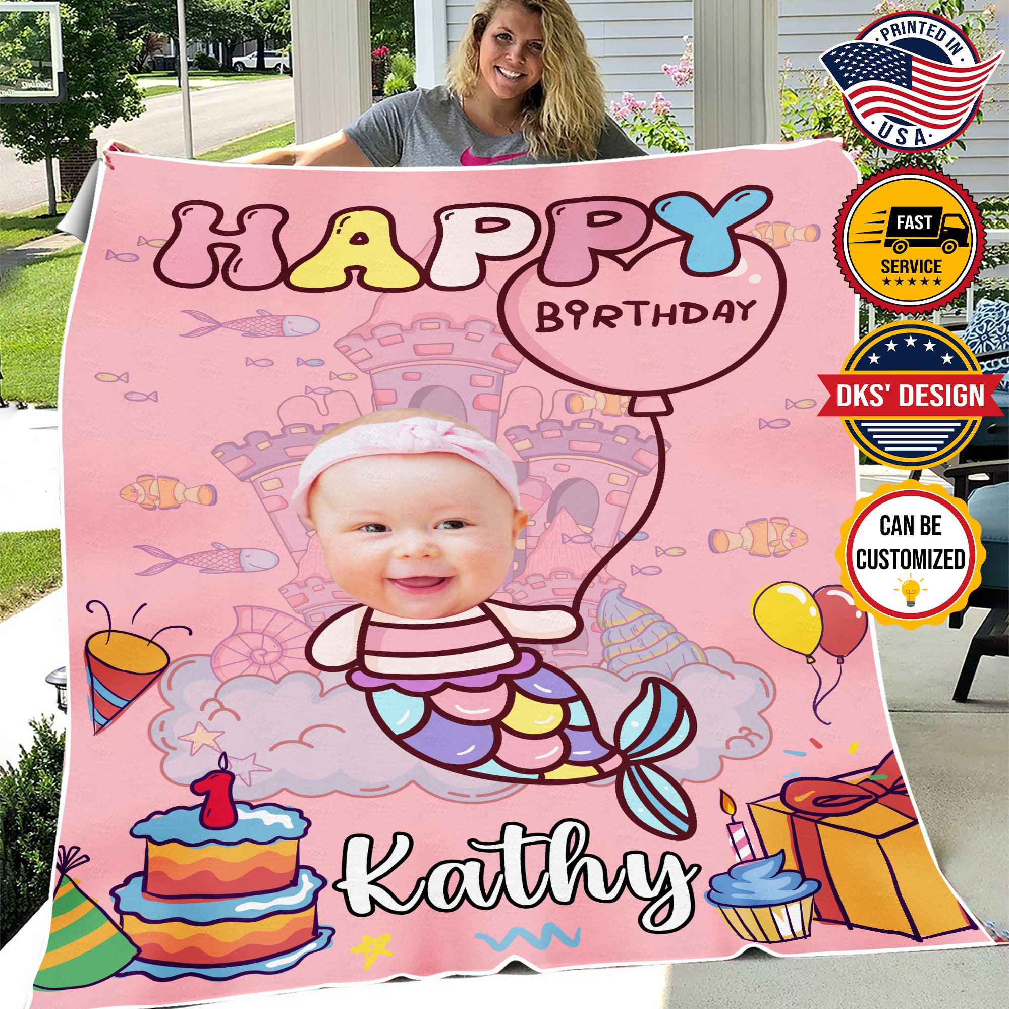 Personalized Birthday Blanket, Custom Baby Name Blanket, Happy Mermaid Birthday Blanket, Mermaid Baby Blanket, Baby blanket, Birthday gift