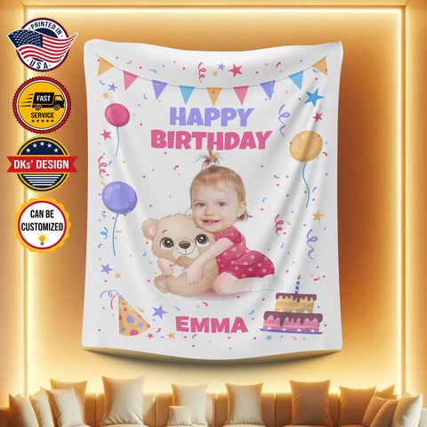 Image of USA Printed Custom Blanket, Girl Happy Birthday Blanket, Personalized Blanket, Baby Birthday Blanket, Baby Girl Blanket, Custom Name And Photo Blanket, Birthday Gift,  Baby Shower Gift Sherpa Blanket, Fleece Blanket