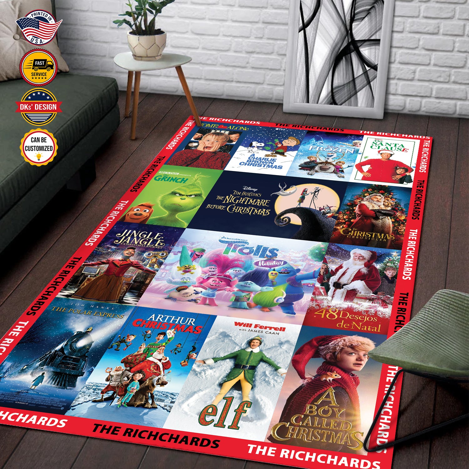 Personalized Christmas Rug, Christmas Kid's Movies, Christmas Area Rug, Home Carpet, Mat, Home Decor Livingroom Family Room Rugs for Holidays