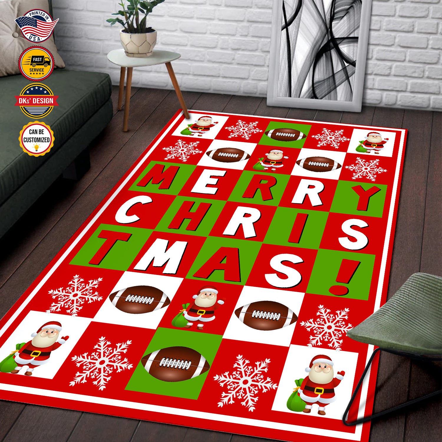 Personalized Football Christmas Area Rug, Football Merry Christmas Rug, American Football Rug for Football Lovers, Rugs for Holidays