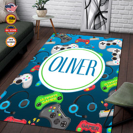 Personalized Game Rug, Blue Game Pattern Area Rug, Game Area Rug for Gamer, Gaming Rugs Gift for Son for Boy, Room Rugs