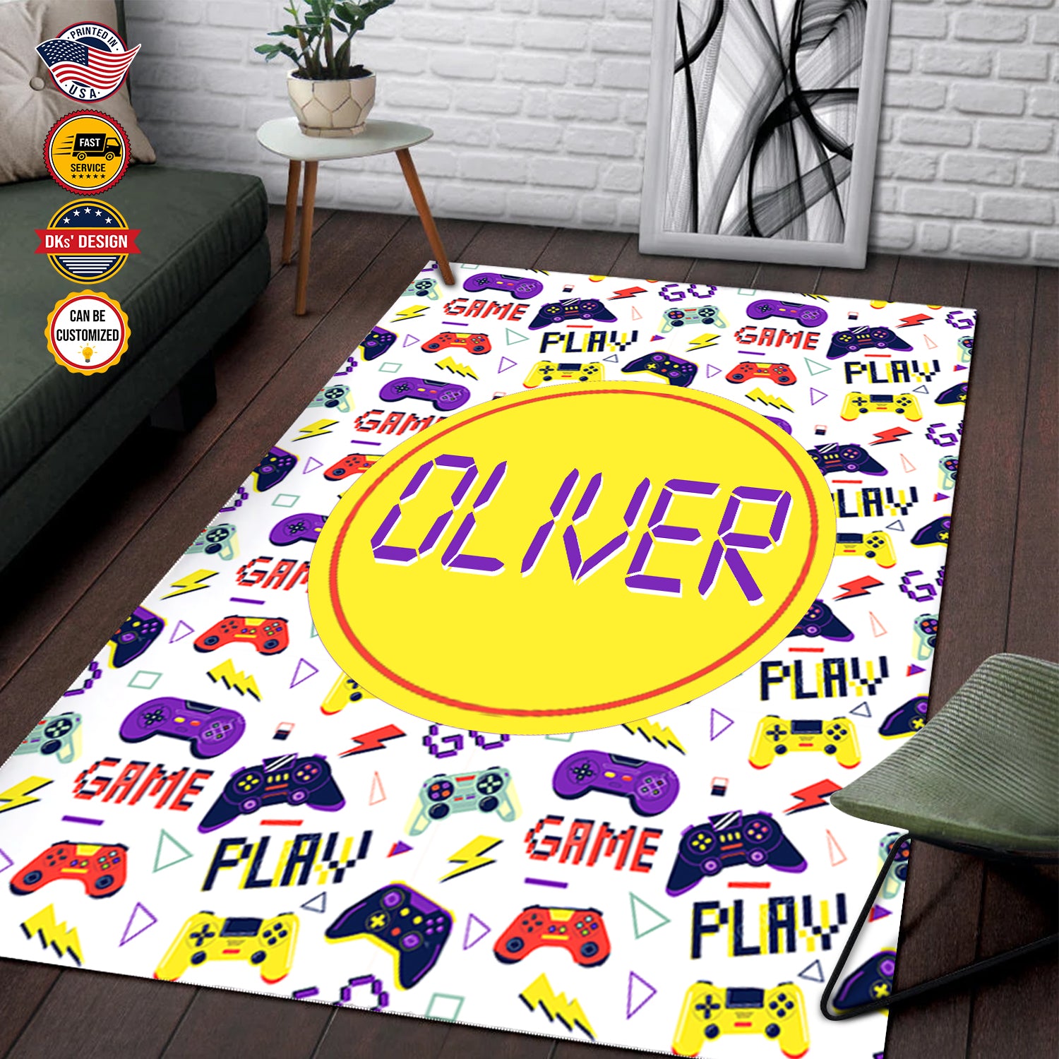 Personalized Game Rug, White Game Pattern Area Rug, Game Area Rug for Gamer, Gaming Rugs Gift for Son for Boy, Room Rugs