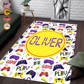 Personalized Game Rug, White Game Pattern Area Rug, Game Area Rug for Gamer, Gaming Rugs Gift for Son for Boy, Room Rugs