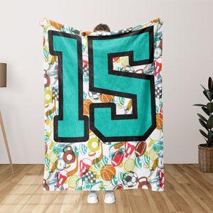 USA Printed Custom Birthday Blanket, Birthday Boy Loves Sport Blanket, 15 Years Old Teen Kids Blanket, Birthday Gift Blanket, Custom Blanket, Personalized Sherpa Blanket, Fleece Blanket for Boy for Son