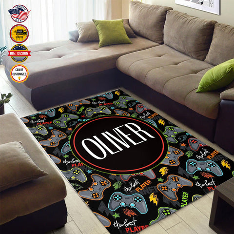 Image of Personalized Game Rug, Black Game Pattern Area Rug, Game Area Rug for Gamer, Gaming Rugs Gift for Son for Boy, Room Rugs