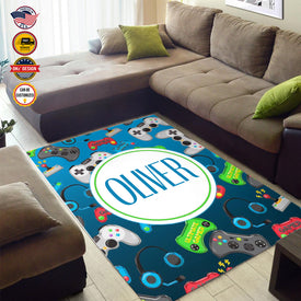 Personalized Game Rug, Blue Game Pattern Area Rug, Game Area Rug for Gamer, Gaming Rugs Gift for Son for Boy, Room Rugs
