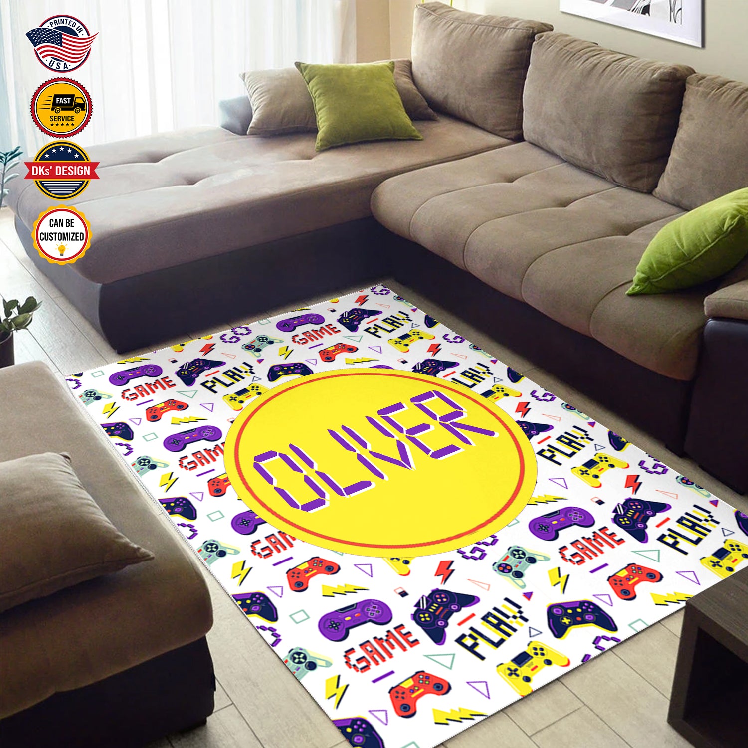 Personalized Game Rug, White Game Pattern Area Rug, Game Area Rug for Gamer, Gaming Rugs Gift for Son for Boy, Room Rugs