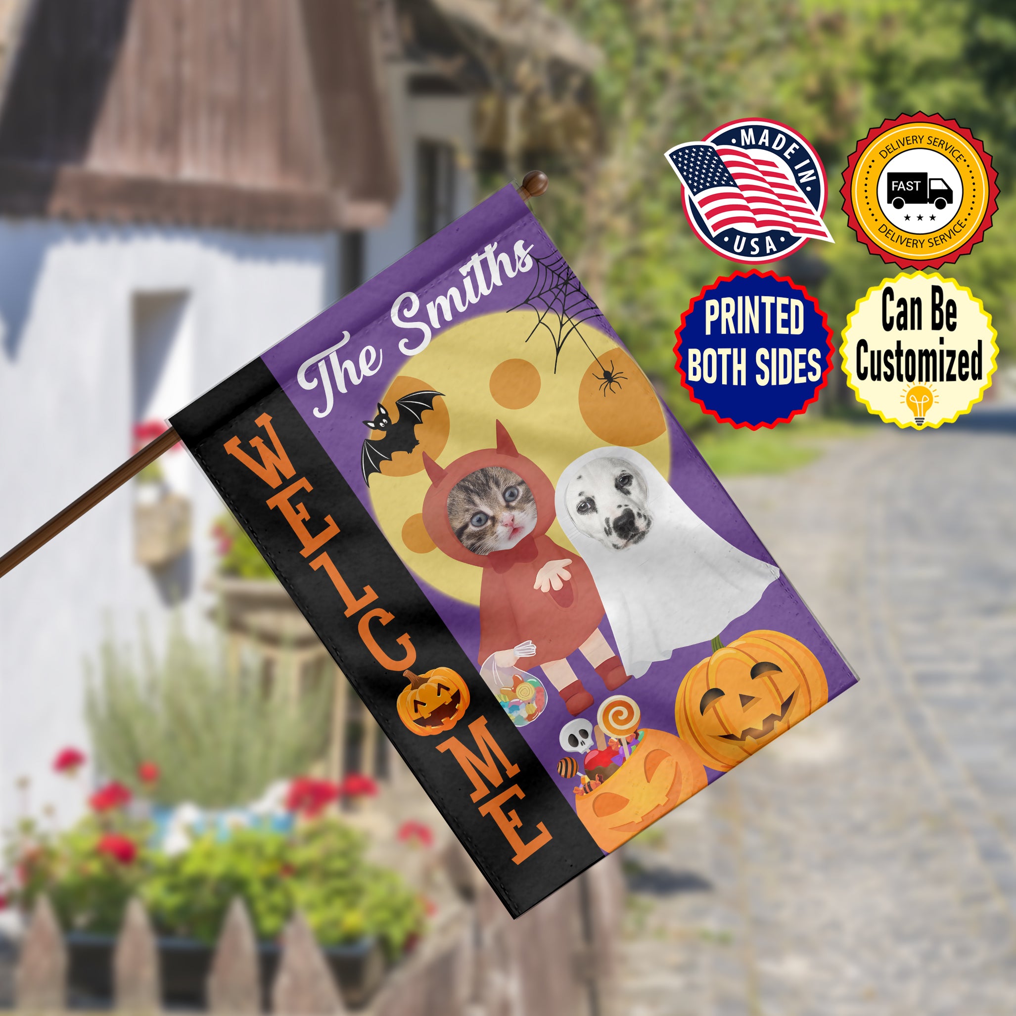 Personalized Pet Halloween Flag, Custom Double Side Dog Cat Flag, Welcome Halloween Flag, Halloween Gift