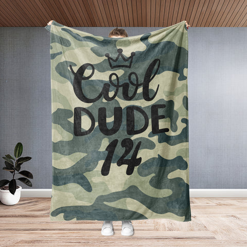 Personalized 14th Birthday Boy Cool Dude Camouflage Blanket, Custom 14 Years Old Teen Kids Blanket, Boy Birthday Blanket, Birthday Gift