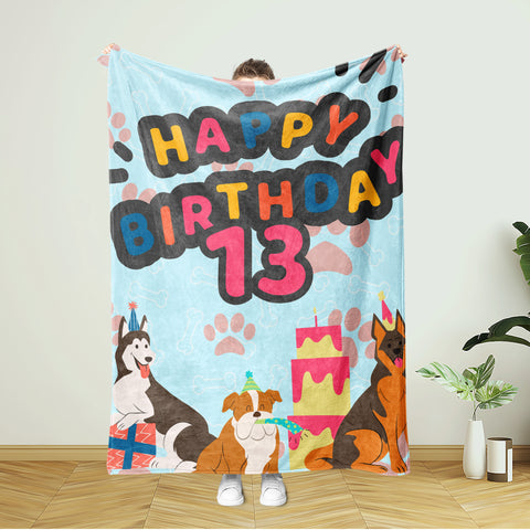 Personalized Happy Birthday 13 Dog Lovers Blanket, Kids Blanket, 13 Years Old Teen Birthday Gift Blanket, Custom Birthday Blanket, Birthday Gift