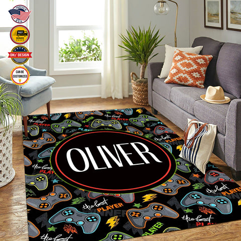 Image of Personalized Game Rug, Black Game Pattern Area Rug, Game Area Rug for Gamer, Gaming Rugs Gift for Son for Boy, Room Rugs