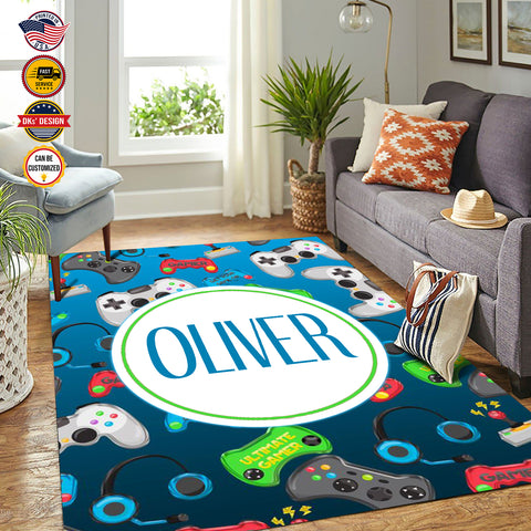 Image of Personalized Game Rug, Blue Game Pattern Area Rug, Game Area Rug for Gamer, Gaming Rugs Gift for Son for Boy, Room Rugs