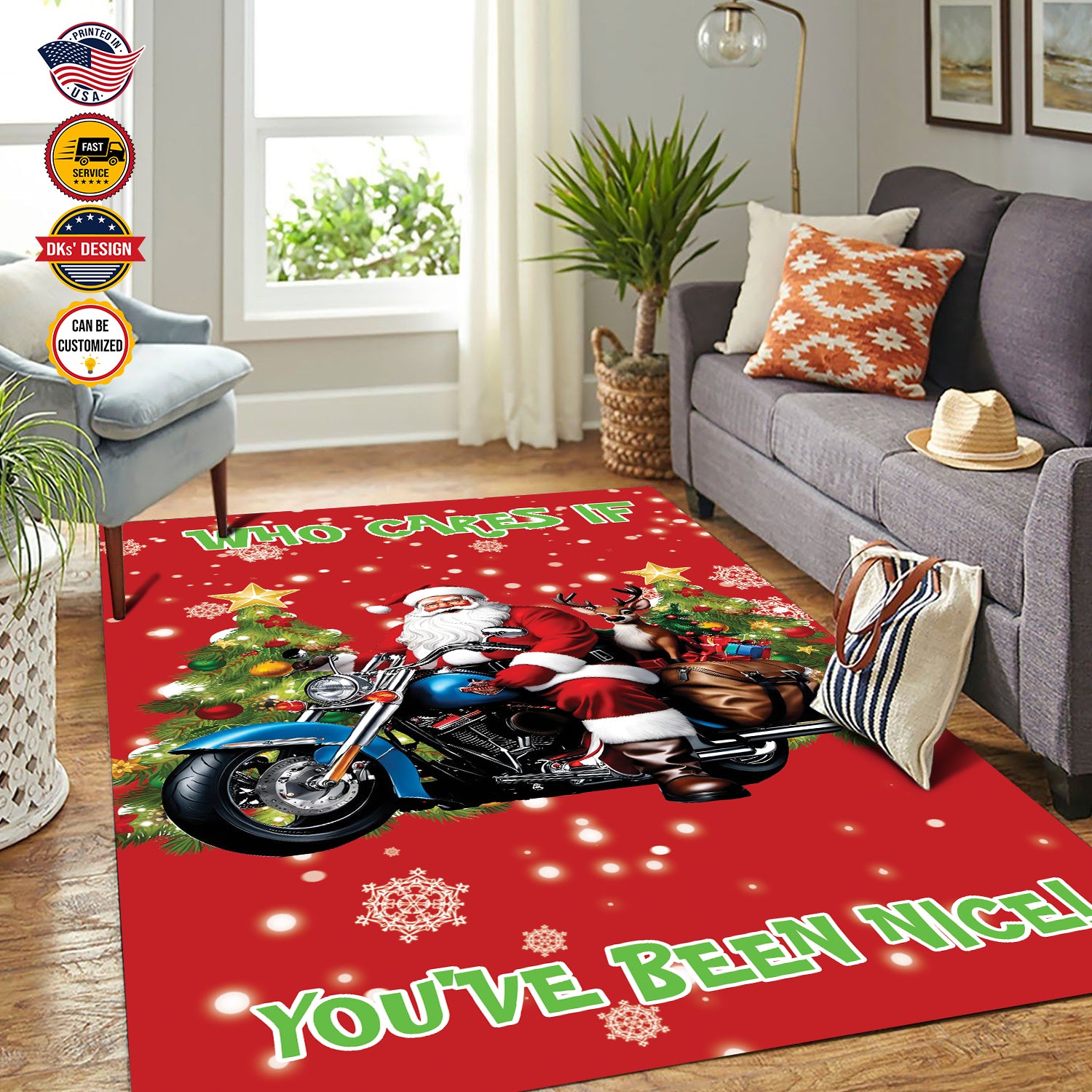 Personalized Christmas Rug, Santa Rides A Motorcycle Who Cares If You've Been Nice, Christmas Area Rug, Rugs for Holidays, Christmas Gifts