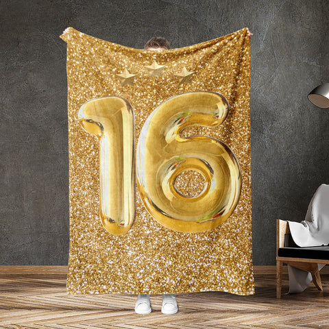 Personalized Birthday Sixteen Gold Star Blanket, Kids Teen Blanket, 16 Years Old Teen Birthday Gift Blanket, Custom Birthday Blanket, Birthday Gift