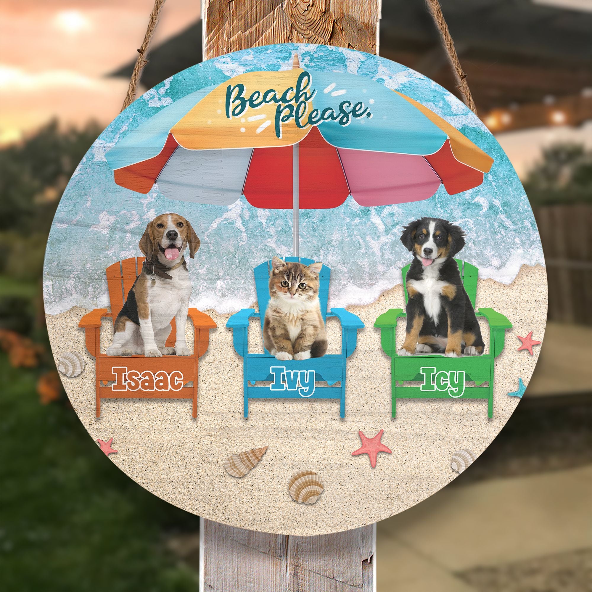 Personalized Pet Photo Door Hanger, "Beach Please" Dog Cat Summer Round Wooden Sign