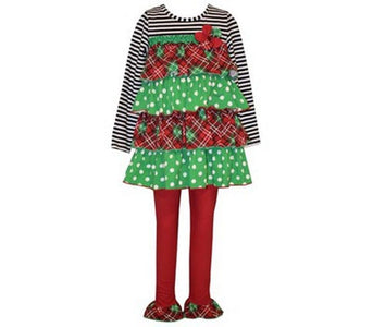Bonnie Jean Little Girls Christmas Red Green Dotted Plaid Tiered Tunic Legging Set