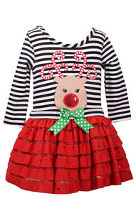 Bonnie Jean Little Girls Christmas Reindeer Striped Ruffle Dress