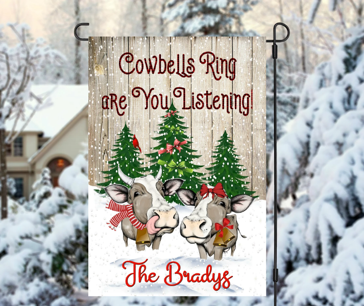 Personalized Christmas Cows Flag, Custom Double Side Christmas Cowbells Ring Farmhouse Garden Flag, House Flag, Christmas Gift