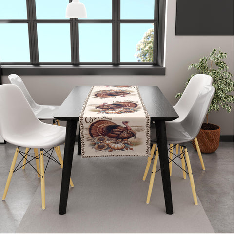 Image of USA MADE Thanksgiving Table Runner | Thanksgiving Give Thanks Turkey Table Runner Vintage Design for Dinning Decoration Holidays Gifts (Cotton, Poly)