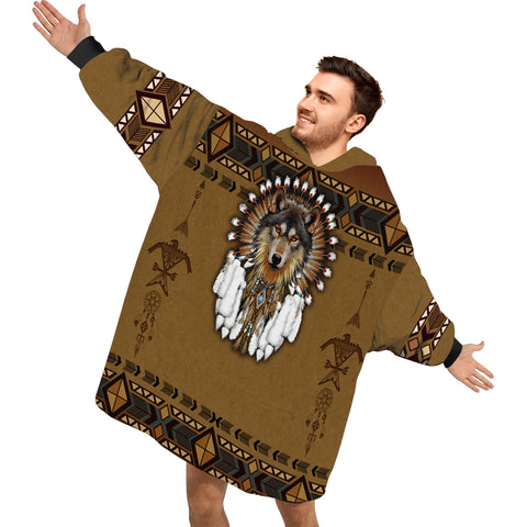 Image of Personalized Blanket Hoodies, Native American Dreamcatcher Wolf Oversized Blanket Hoodie