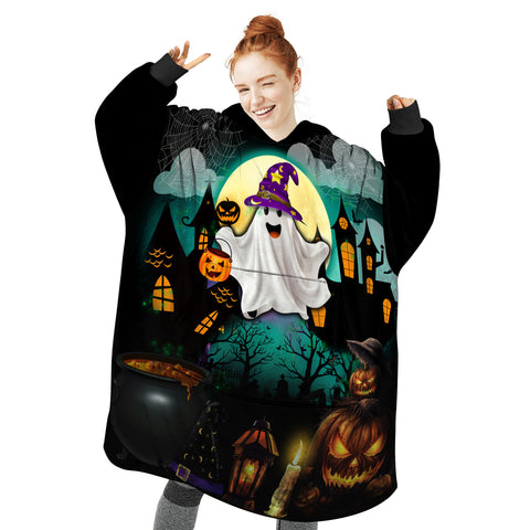 Image of Personalized Blanket Hoodies, Happy Halloween Ghost Oversized Blanket Hoodie