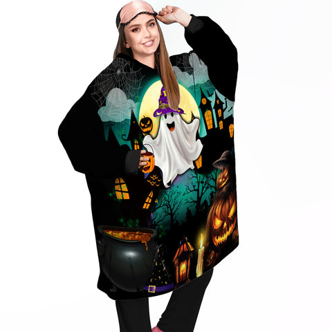 Image of Personalized Blanket Hoodies, Happy Halloween Ghost Oversized Blanket Hoodie