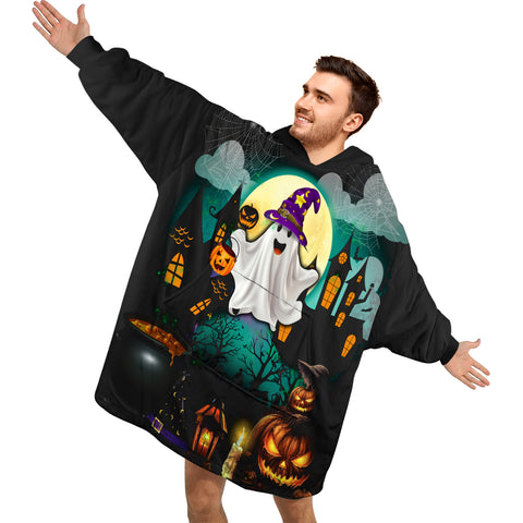 Image of Personalized Blanket Hoodies, Happy Halloween Ghost Oversized Blanket Hoodie