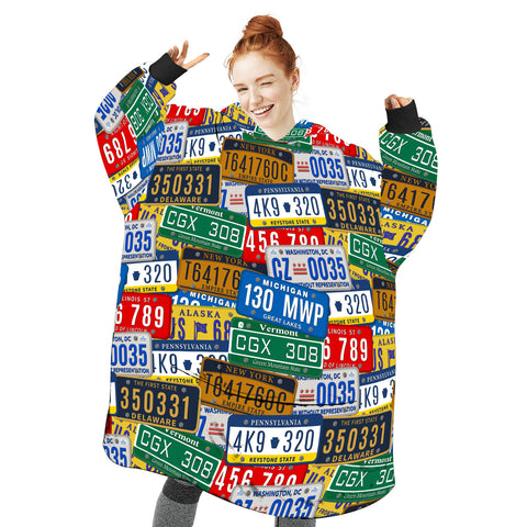 Image of Personalized Blanket Hoodies, Retro License Plate USA Map Oversized Blanket Hoodie