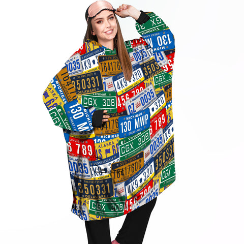 Image of Personalized Blanket Hoodies, Retro License Plate USA Map Oversized Blanket Hoodie